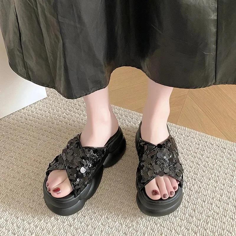 8CM Bling Woman Platform Sandals Ladies Elegant Beach Women's Shoes Flats Summer Sandals Women Designer Shoes Girls Slippers