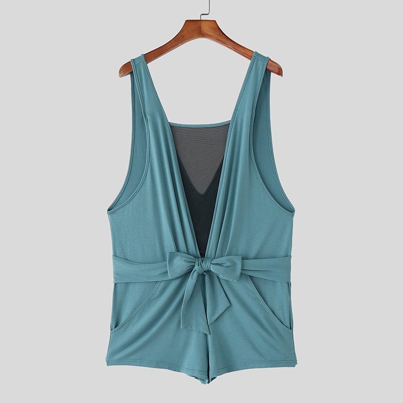 INCERUN Mens Deep V Mesh Patchwork Front Bow Short Jumpsuits Romper Bodysuits