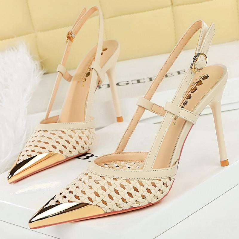 

hollow Weaving Women Pumps Metal pointed tip High Heels Stiletto 9.5 cm buckle Summer Women s high-heeled sandals Shoes 34