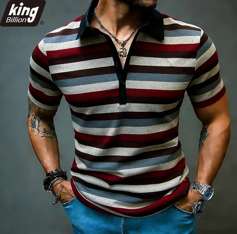 Men's Multicolor Stripe Polo Shirt - Contrast Black Collar 4-Button Placket Casual Retro Style Short Sleeve Top In Bold Tones