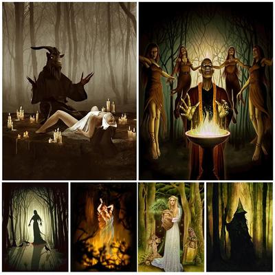 Forest Witch and Shadow Monsters, Vintage Wall Painting On Canvas, Occult, Witchcraft, Paganism, Gothic Art Poster and Print,