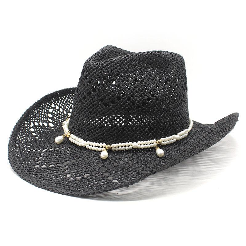 

Spring And Summer Hollow Sunscreen Straw Hat Pearl String Vacation Breathable Sun Hat Cowboy Hat M（56-58cm） чорний