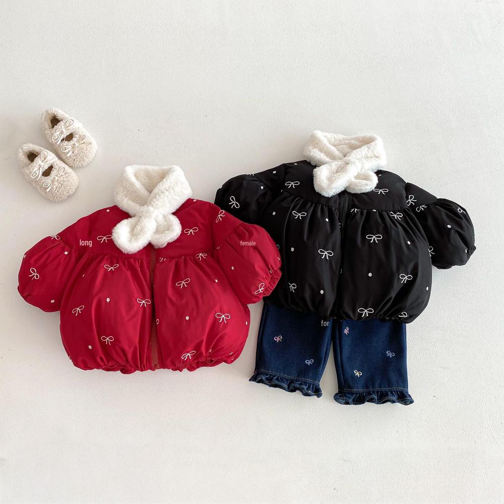 2025 New Girls' Korean-Style Winter Coat with Bow and Scarf - Cute Cotton Padded Outfit for Babies