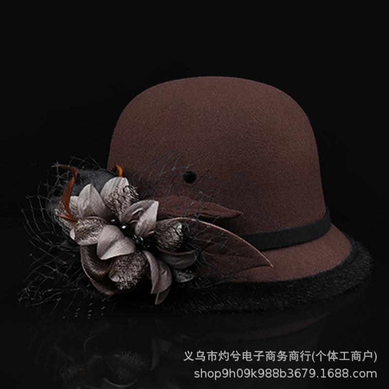 Autumn and winter woolen hat British retro top hat women's dome fashion hat pot hat flower decoration literary and retro