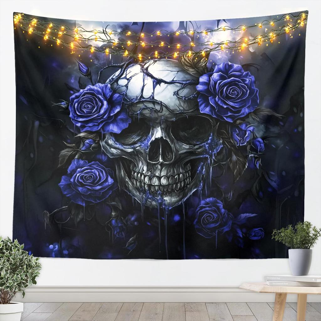 Sugar Skull tapestry For Kids Adults Room Decor,Purple Rose Flowers Tapestries Goth Skull Tapestry Wall Hanging Skeleton Bones