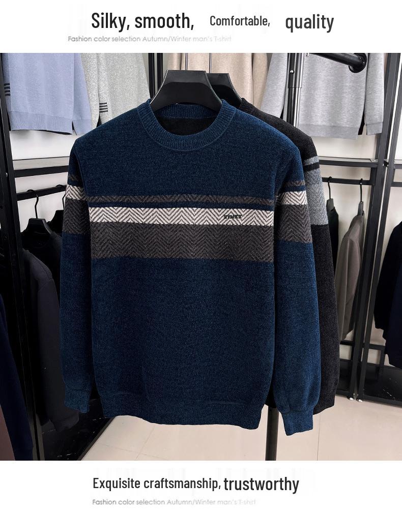 Winter Men's Plus Velvet Striped Round Neck Knit Sweater: Thick, Casual, Fashionable Trend.