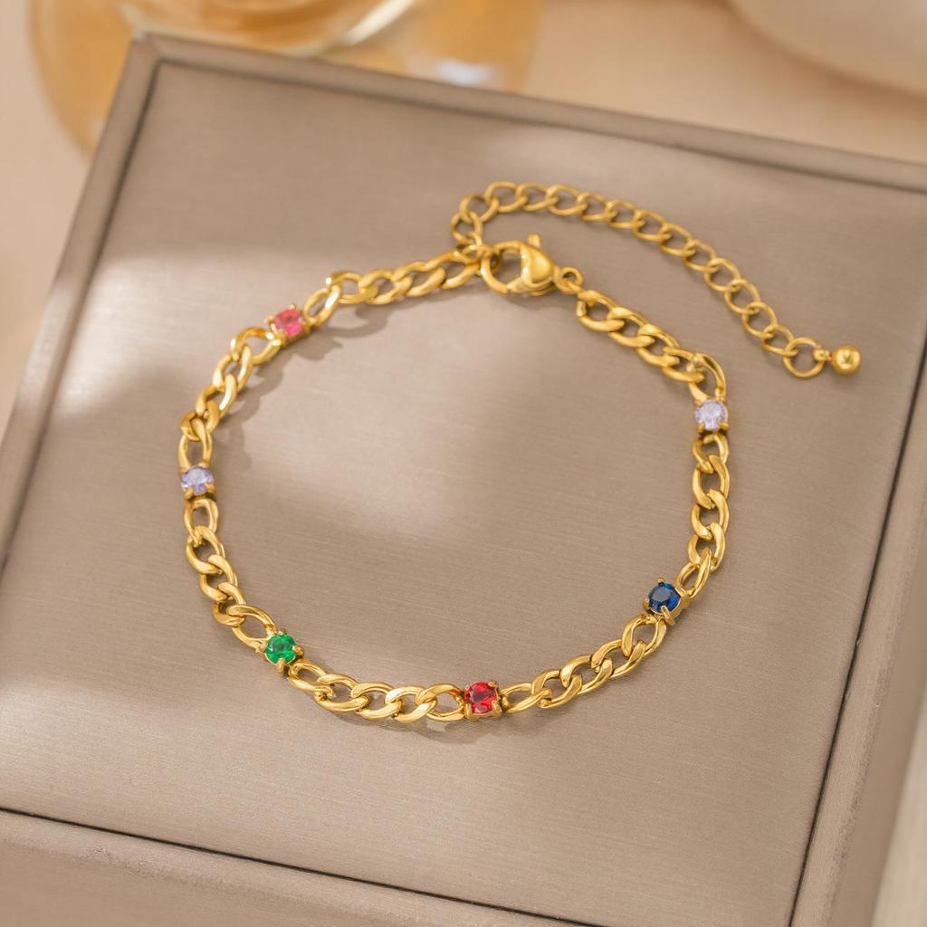 18K Gold Plated Stainless Steel Bracelet with Colored Zircon - Fashionable, Versatile, and Non-Fading