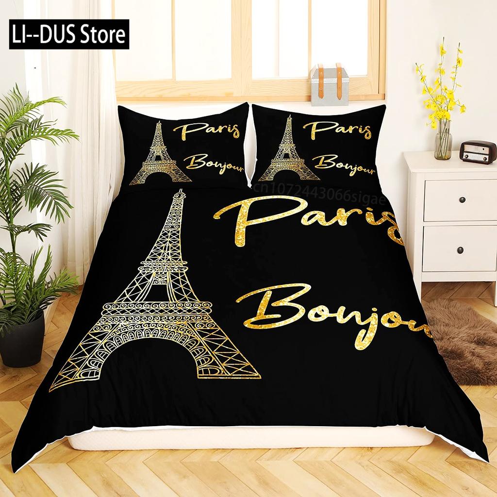 Eiffel Tower Duvet Cover Set King Size Paris Tower Bedding Set For Boy Girl Polyester Paris Cityscape Wooden Texture Quilt Cover