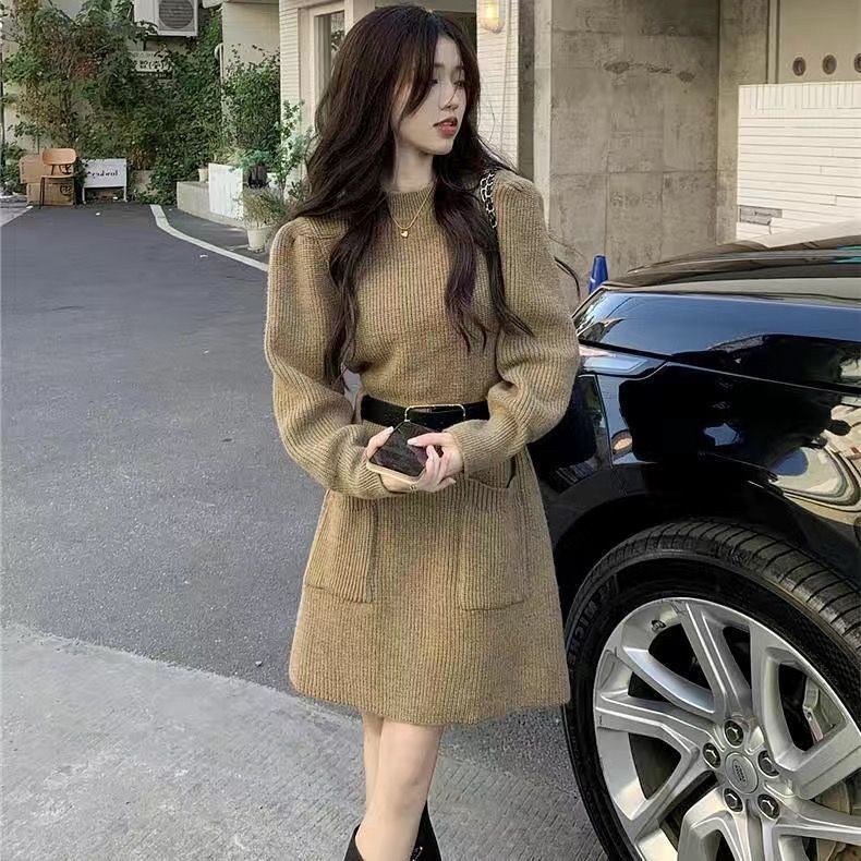 Plus Size Women's Korean Style Fashion Knit Dress Winter Autumn Design Sense Waist-Cinching Base Layer Skirt Trendy