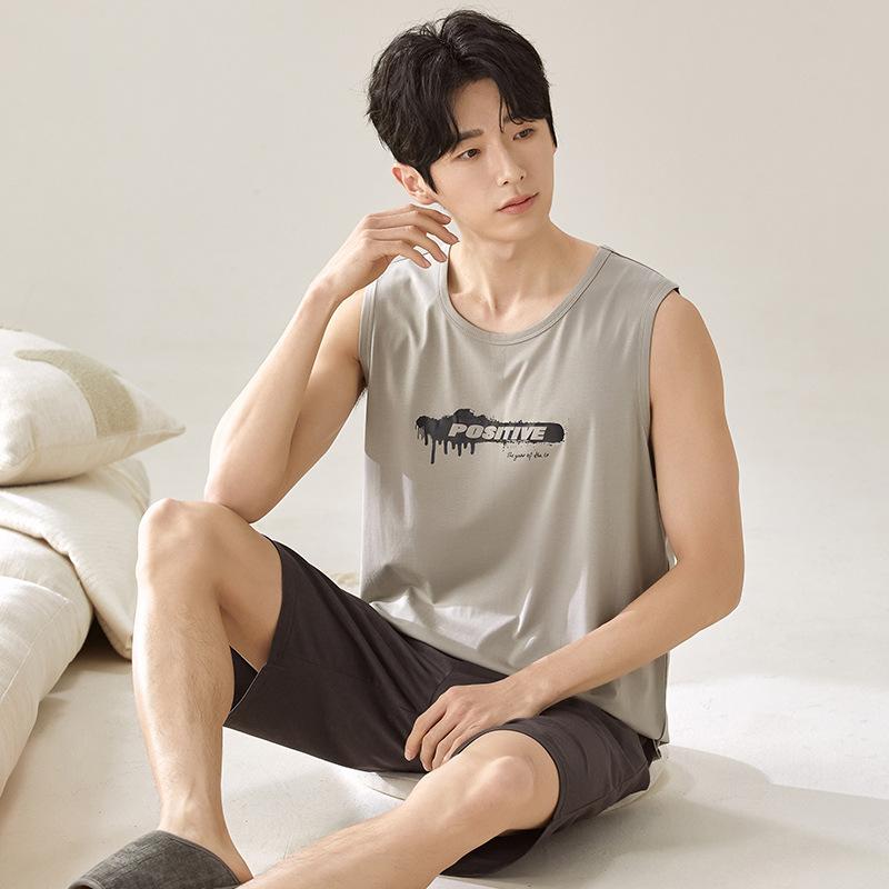 

Літній чоловічий бавовняний тонкий жилет без рукавів Шорти Піжами Спортивний відпочинок Костюм можна носити поза домом L чорний