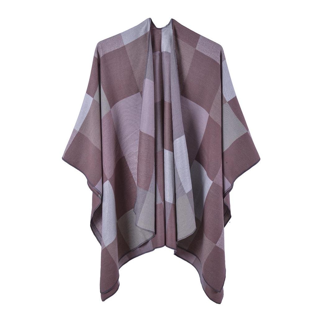 Autumn & Winter Women's Double-Sided Plaid Shawl Scarf - Imitation Cashmere, Multifunctional with Slit Design.