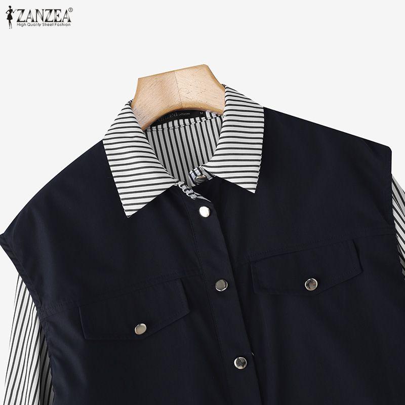 ZANZEA Women Casual Long Sleeve Stripe Print Patchwork Blouse
