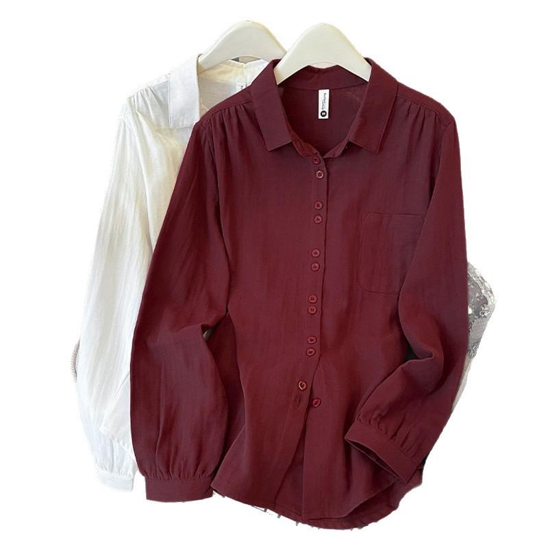 Double-layer Cotton Yarn Cotton Literary and Casual Style Shirt Spring and Summer New Breathable Loose Simple Design Lapel Top