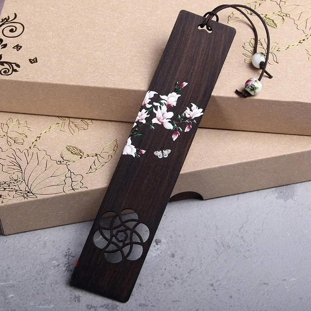 Retro Carving Ebony Bookmark Chinese Style Color Painted Bird Flower Book Clip Pagination Mark Stationery School Office Supplies