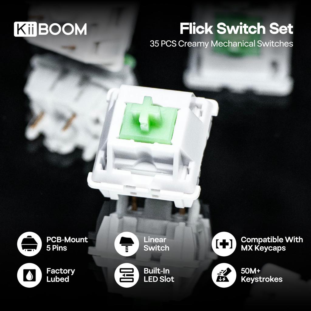 KiiBOOM Flick Linear Mechanical Switch Set for Mechanical Gaming 43gf with LY Compatible with MX Keycaps Keyboards, Pre-Lubricated, 5-Pin, 35-Piece