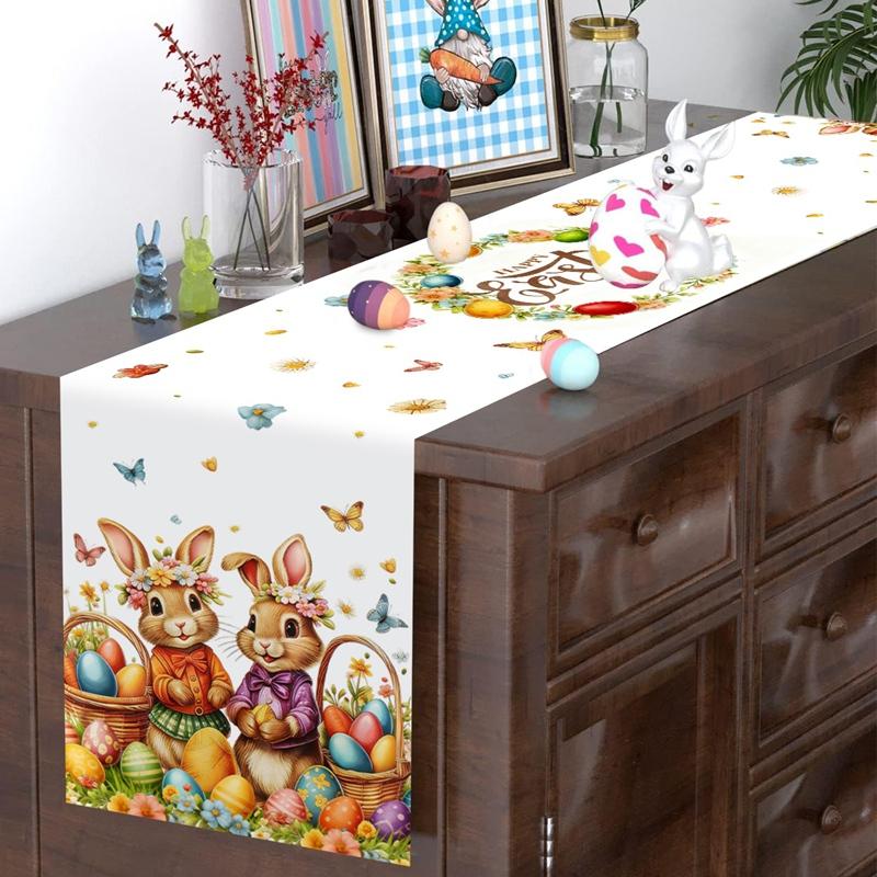 Vintage Easter Bunny Table Runner Polyester Rabbit Eggs Flower Table Cover Easter Decoration For Home Kitchen Dining Table Decor