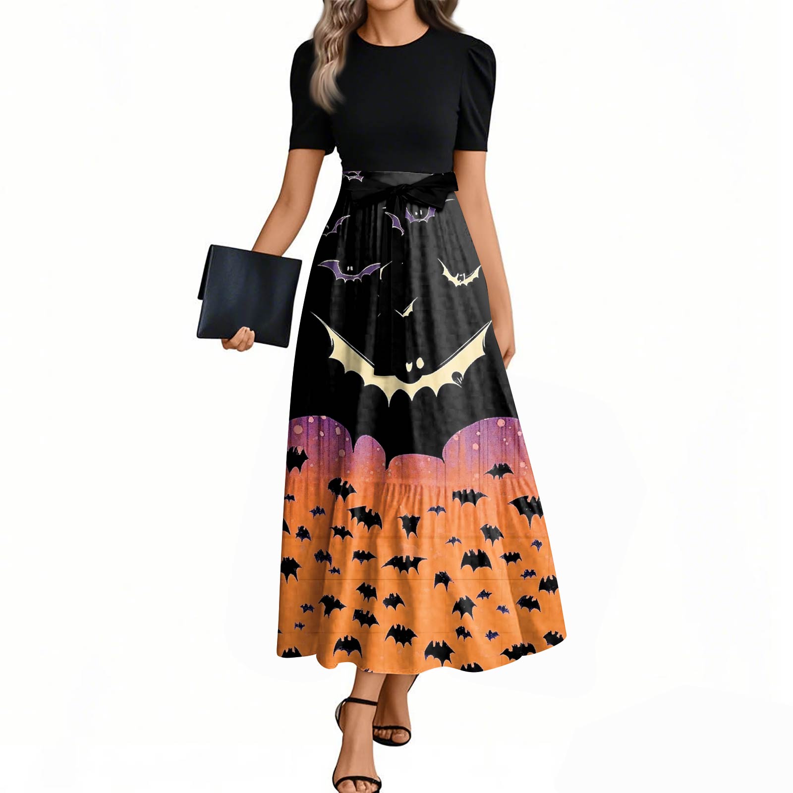 

Women s Fashion Casual Belted Short Sleeve Round Neck Halloween Print Elegant Dress XXL