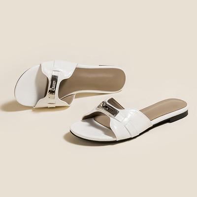 Sheepskin Version~ Xiaoxiangfeng H Slippers Small Gold Buckle Crocodile Pattern French Pregnant Women Wear Sandals Soft Bottom Beach Half Slippers