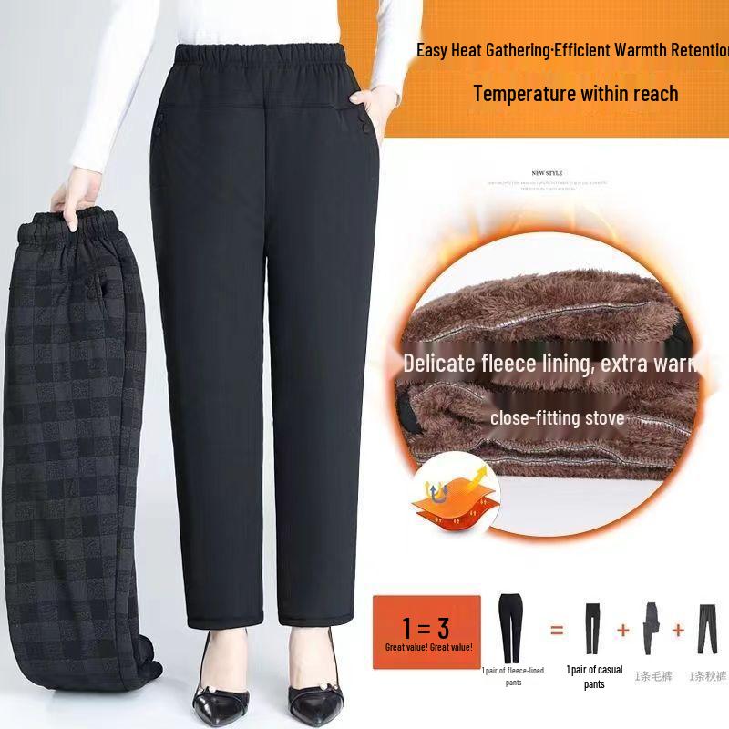 Mom's Quilted Fleece-Lined High-Waisted Winter Pants
