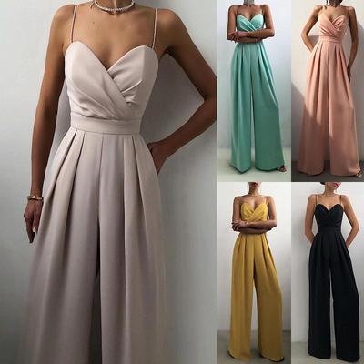 Spring Summer Casual Wide Leg Long Jumpsuit Female Solid Color Draped Slim Playsuit Women Elegant High Waist Strap Solid One Piece Romper