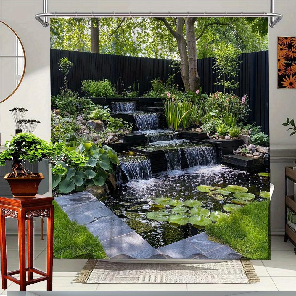 1 Pezzo Tenda da Doccia Cascata Naturale Paesaggio Stagno Panoramico con Vegetazione Arredo Bagno Tessuto in Poliestere Con 12 Ganci
