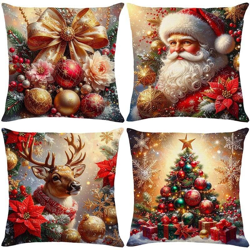 Christmas Theme Short Plush Pillow Cover Set Holiday Print Cushion Case for Living Room Sofa Home Decor 45x45cm