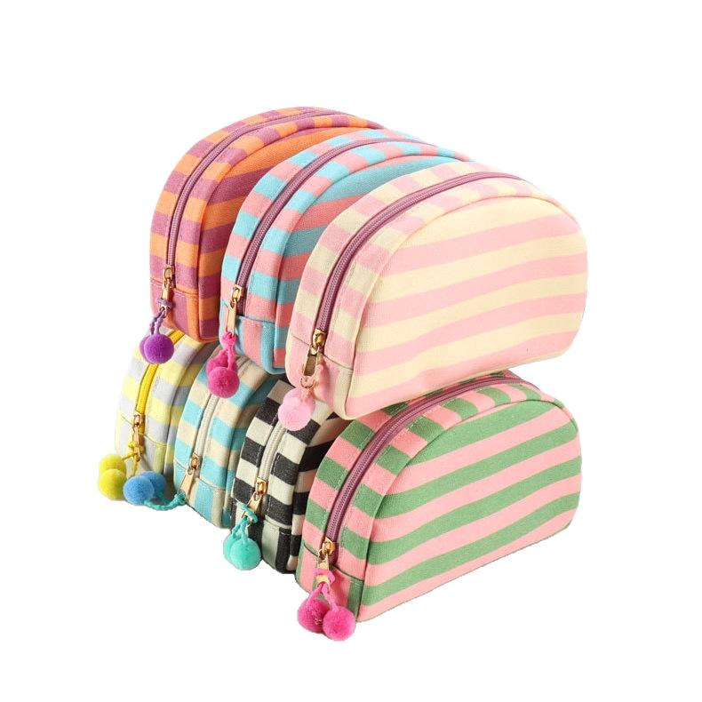 Personalized Embroidered Striped Pompon Cosmetic Bag Canvas Travel Toiletry Bag Shell Large-capacity Portable Outing