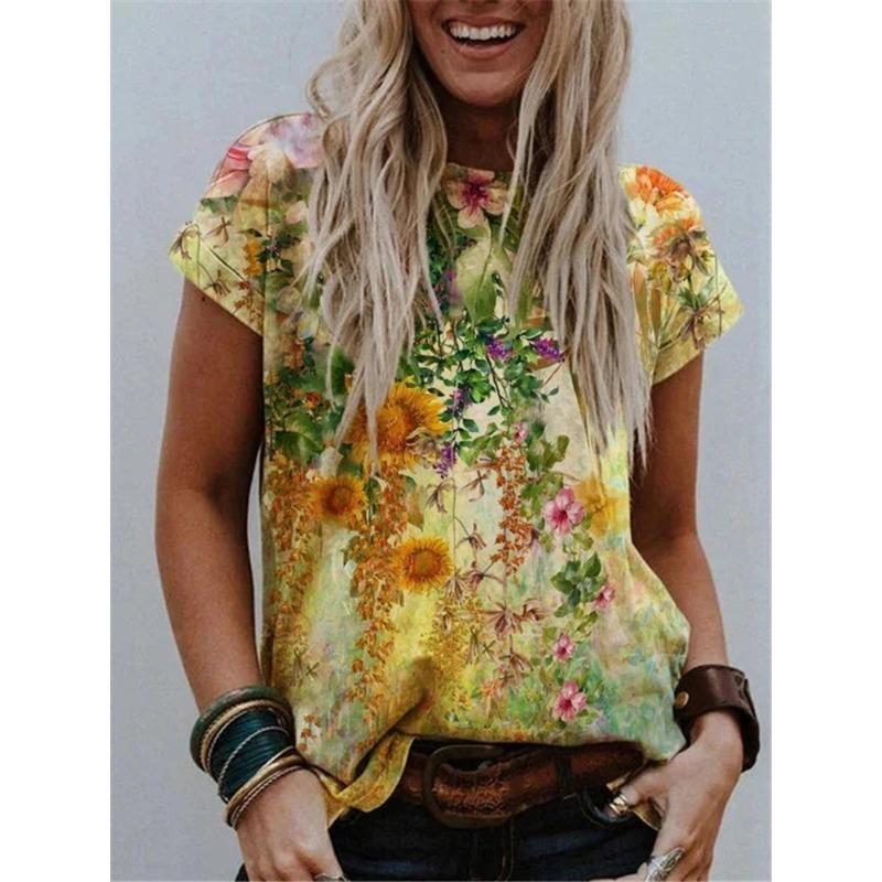 Short Sleeved T-shirt for Women with Round Neck Print Trendy Street Style Short Sleeved Loose Fit Shirt