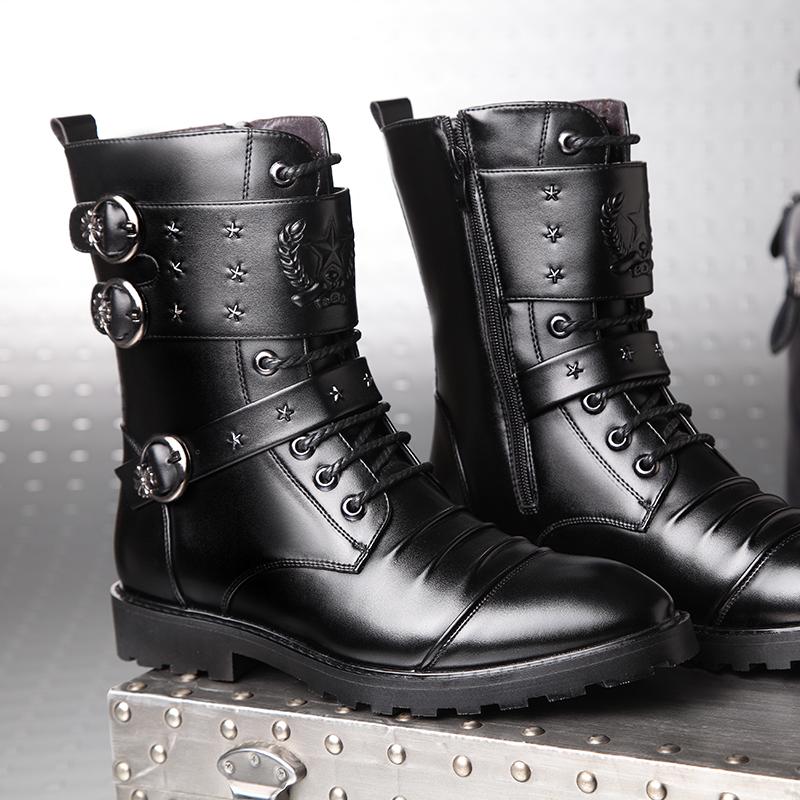 Cowboy Boots Mens Brand Fashion British Style Motorcycle Boot for Men Buckle Strap Men Punk Casual Shoes Winter Warm Fur