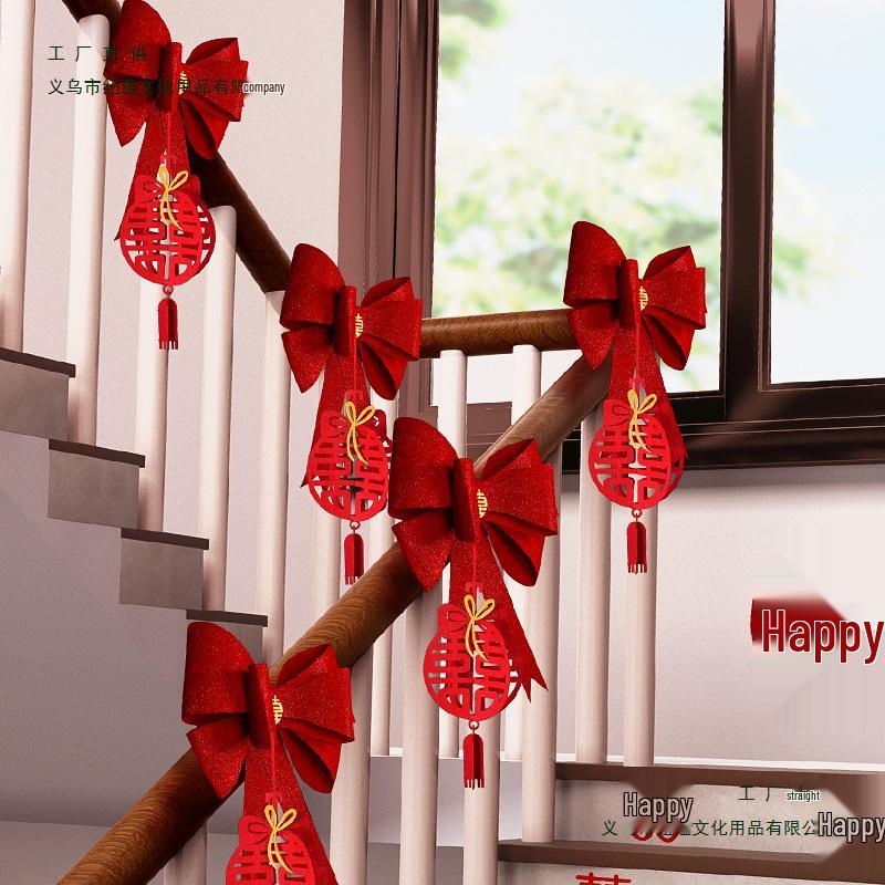Online Celebrity Wedding Stair Railing Décor Set: Groom's Ceremony Ribbons, Bows, and Pull Flowers
