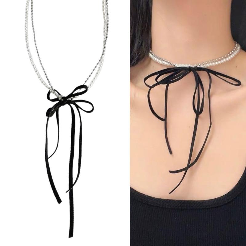 Stylish Double layer Bowknot Necklace Modern Butterfly Knot Necklace with Fringe Simple Pearls Beaded Neckchains Charm