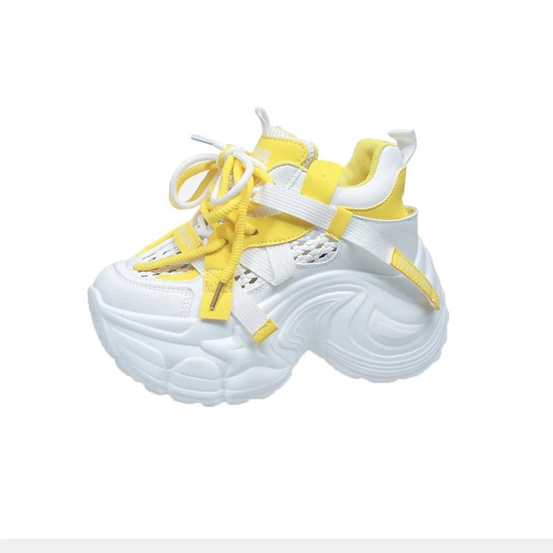 9CM New 2025 Chunky Leather Sneakers Summer Casual Vulcanized Shoes Woman High Platform Breathable Mesh Sneakers Sport Dad Shoes