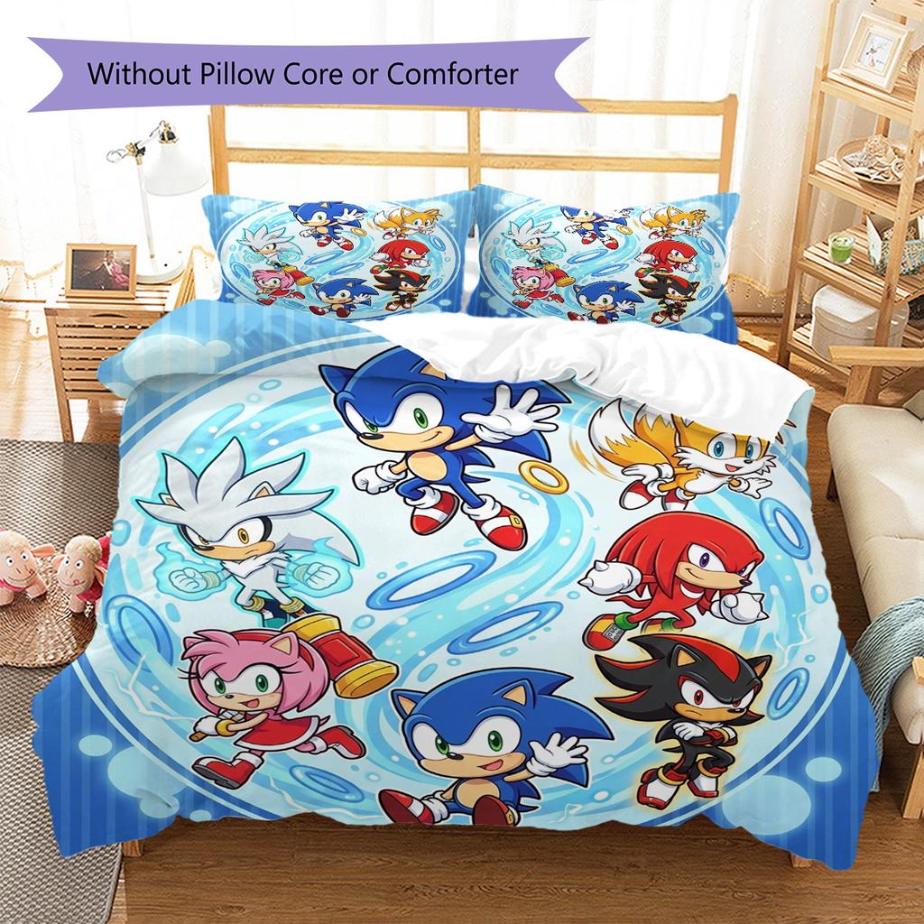 Hedgehog Sonic Pattern Bedding Quilt Set Quilt Cover Pillowcase Home Decoration Birthday Gift (1 * duvet cover + 2 * pillowcase, without core)