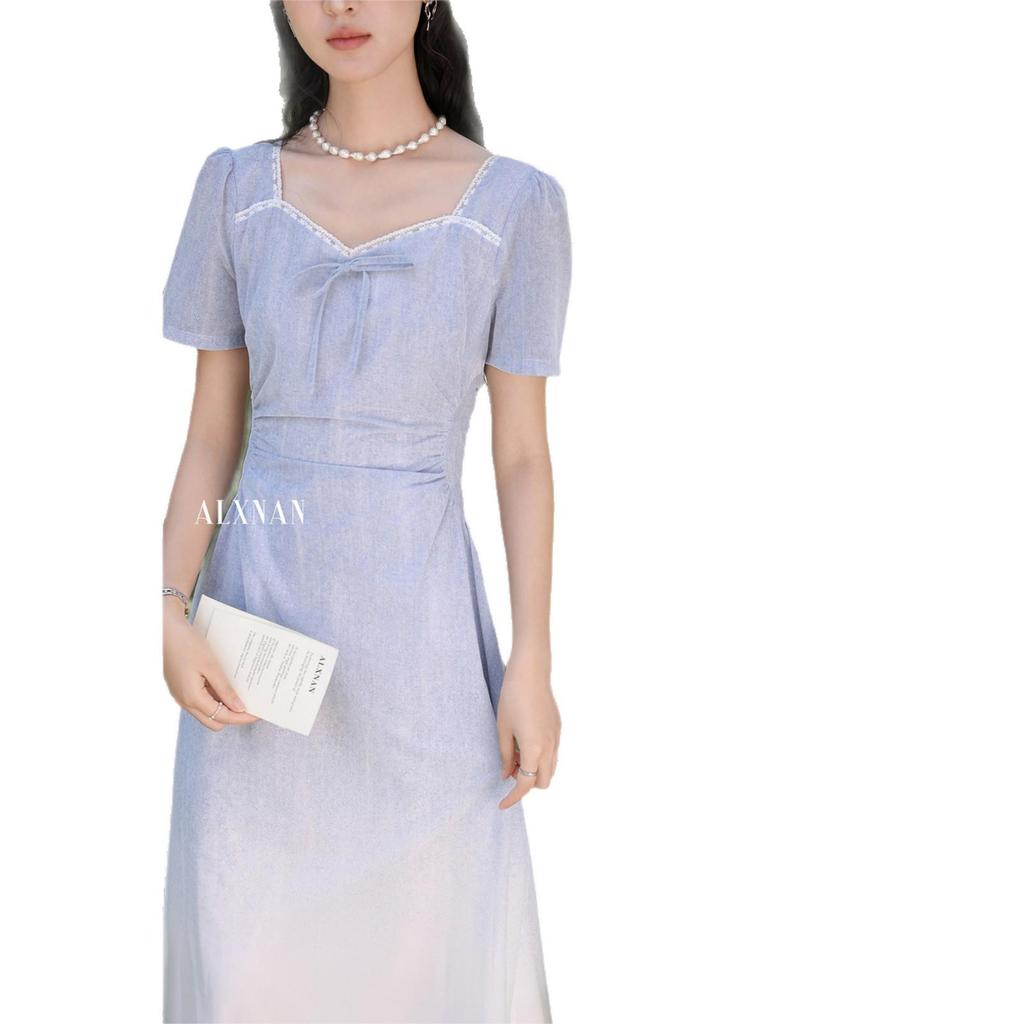 Deer To the South "May Girl" Blue French Square Neck A-line Summer Dress, Women's Short Sleeve Waist-cinching Long Skirt