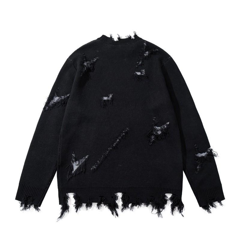 Unisex Oversized Knit Sweater With Distressed Hole Detail Crew Neck Long Sleeve Streetwear Pullover
