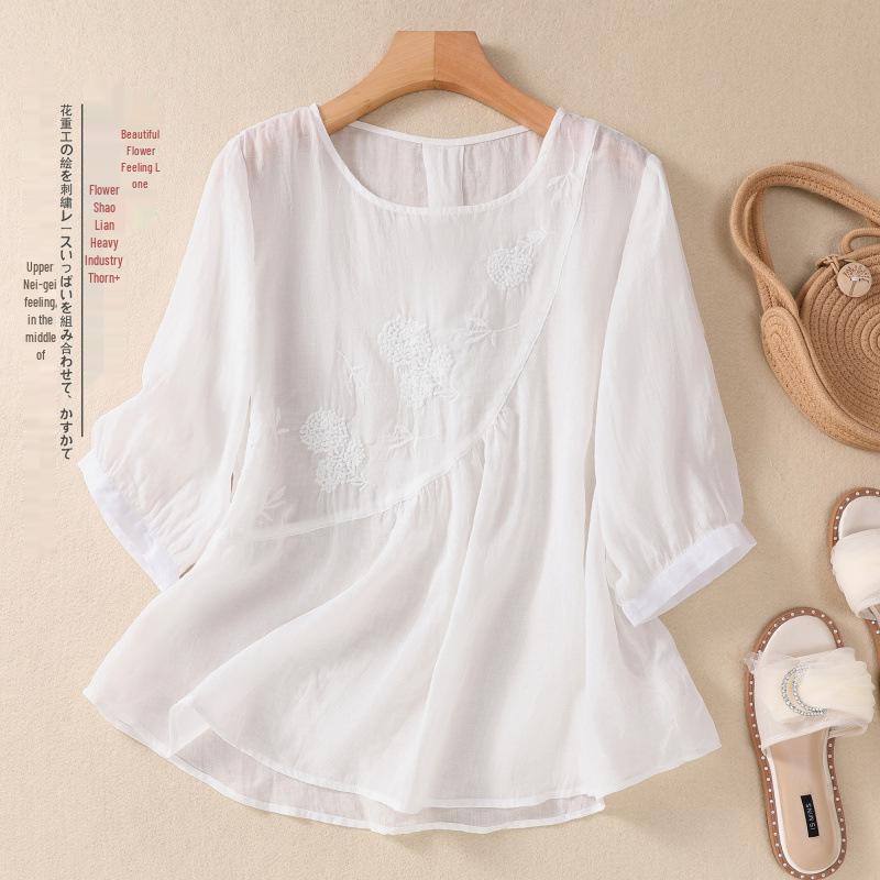 2023 Women's Literary Embroidery Cotton Linen Blouse - Summer Loose Pleated Pullover