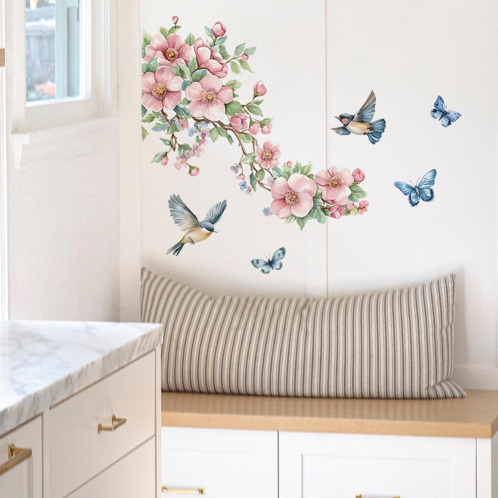 Fiori di Pesco ad Acquerello Rami Foglie Uccelli Farfalle Camera da Letto Soggiorno Abbellimento e Decorazione Casa, Adesivi Murali
