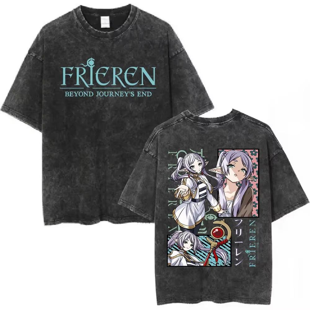 Hot Sale Anime Frieren Beyond Journey's End Vintage Washed T-shirt Men's Women Clothing Fashion Short Sleeve Trendy Streetwear for Daily Looks