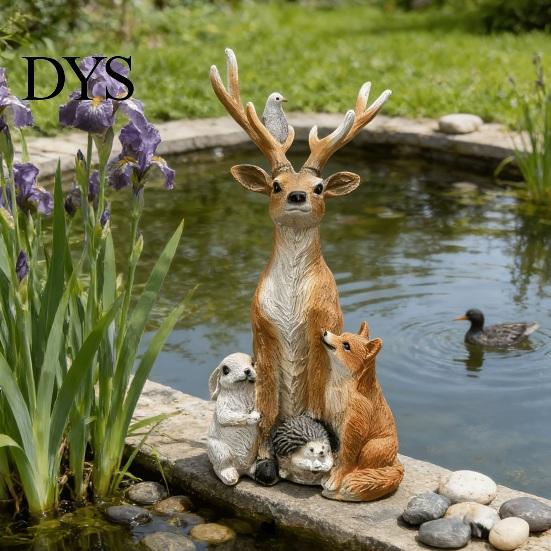 Indoor Home Entrance Hall Displays Forest Deer Small Animal Resin Statue, Elk Figurine with Rabbit Healing Style Desktop Decorations Fox Hedgehog,