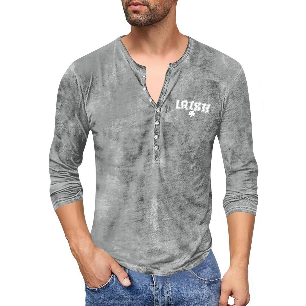 Men'S Printed T-Shirt Outdoor Retro Button Loose Long Sleeve Top