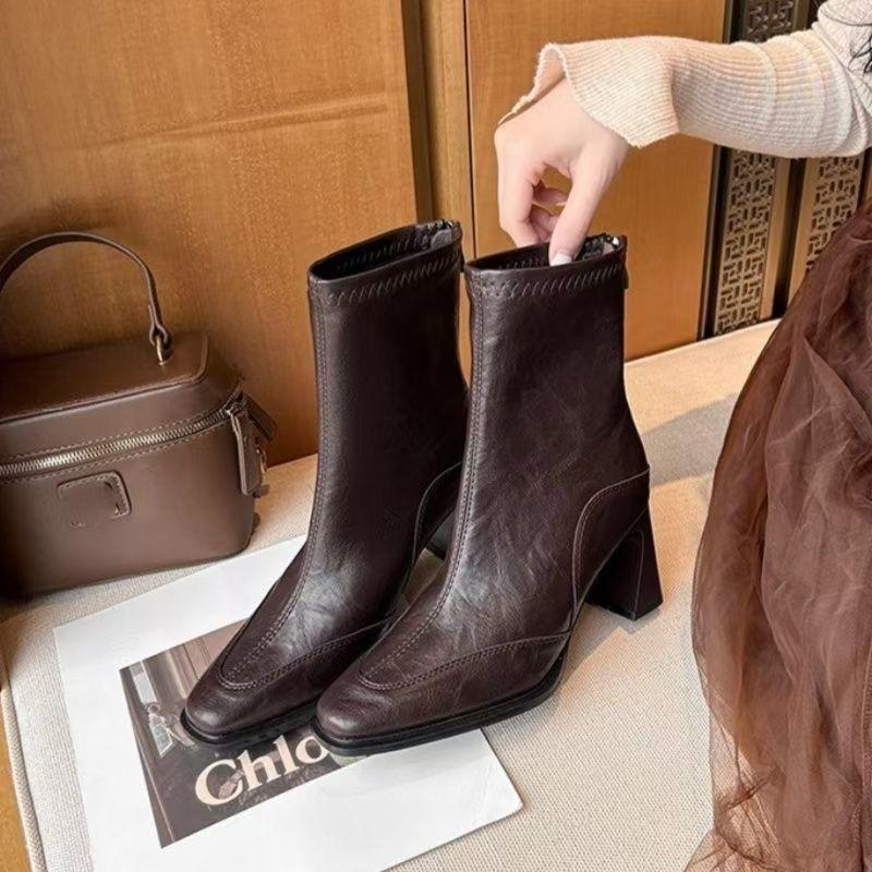 Skinny Premium Soft-soled Rear Zipper High-heeled Thick-heeled Short Boots Skinny Small Fragrant Versatile Elastic Boots