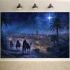 1 Piece of Christmas Manger Background Cloth - Three Sages Starry Night Desert Journey and Palm Tree Landscape - Polyester Fiber