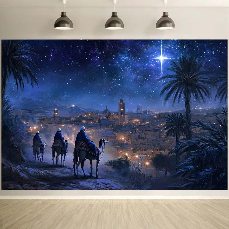 1 Piece of Christmas Manger Background Cloth - Three Sages Starry Night Desert Journey and Palm Tree Landscape - Polyester Fiber