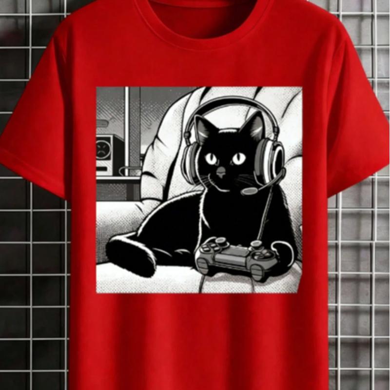 [Black Cat T-Shirt] Relaxed Fit Black Casual Cat Graphic T-Shirt | Short Sleeve Crew Neck, Summer Style, Polyester Blend