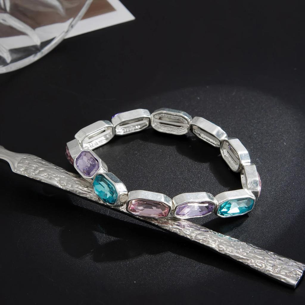 New Bohemia Colorful Square Glass Drill Bangle Bracelet for Women Trendy Luxury Handmade Elastic Bracelets Y1K Jewelry New