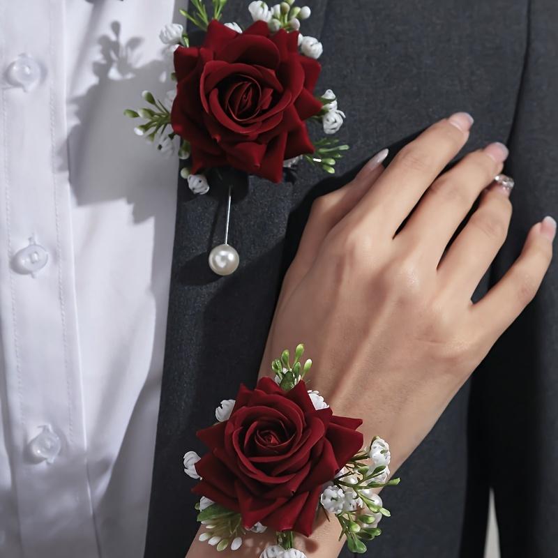 [2pcs Elegant Rose Corsage Set] 2pcs Elegant Rose Corsage and Wrist Flower Set In Polyester Fiber for School Events, Parties