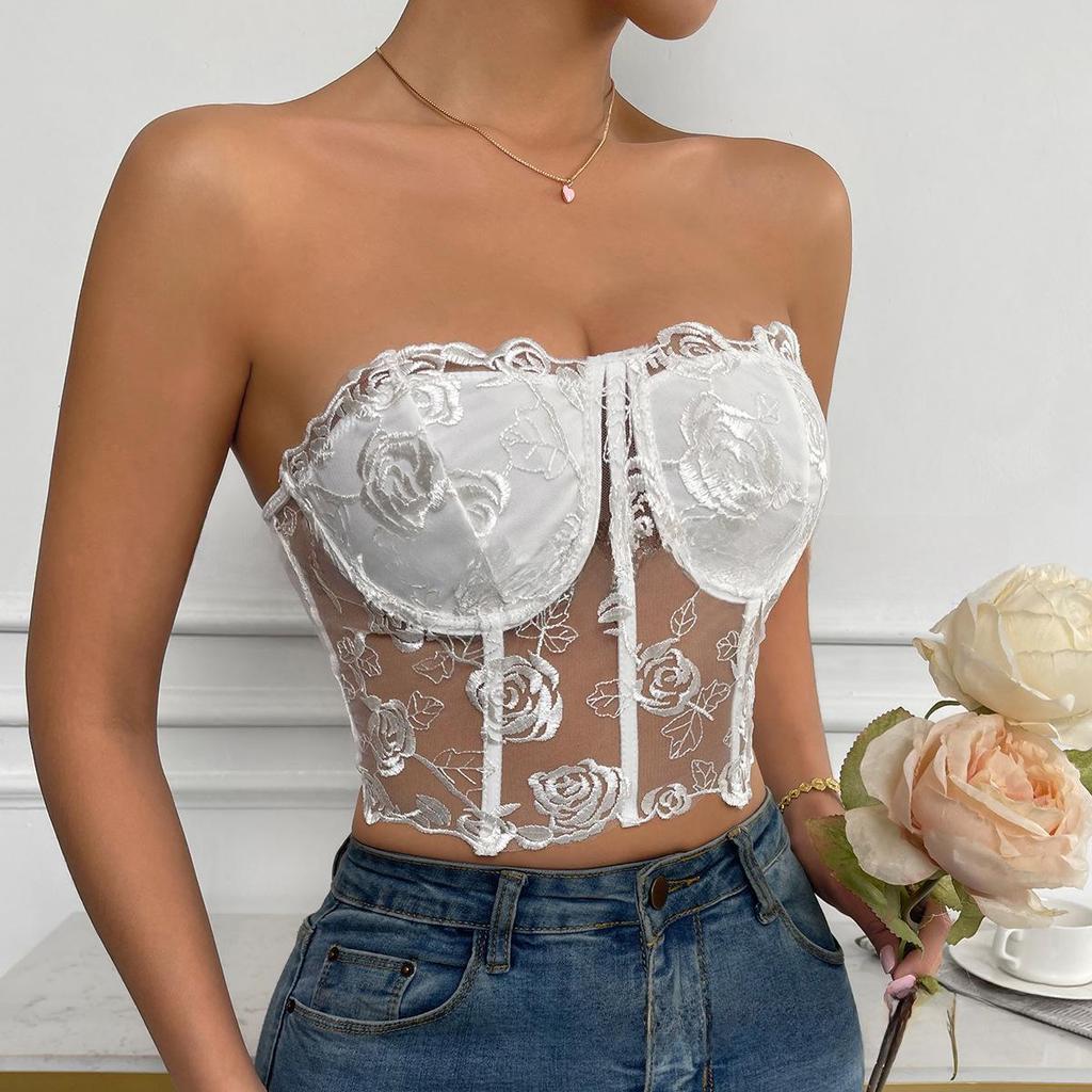 2023 European & American INS Style Lace Mesh Rose Tube Top Vest