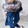Dámská zimní teplá nadýchaná bunda s límcem a kapucí, džínová bunda s dlouhým rukávem, silná plyšová teplá bunda, zapínání na knoflíky, nadměrná volná bunda