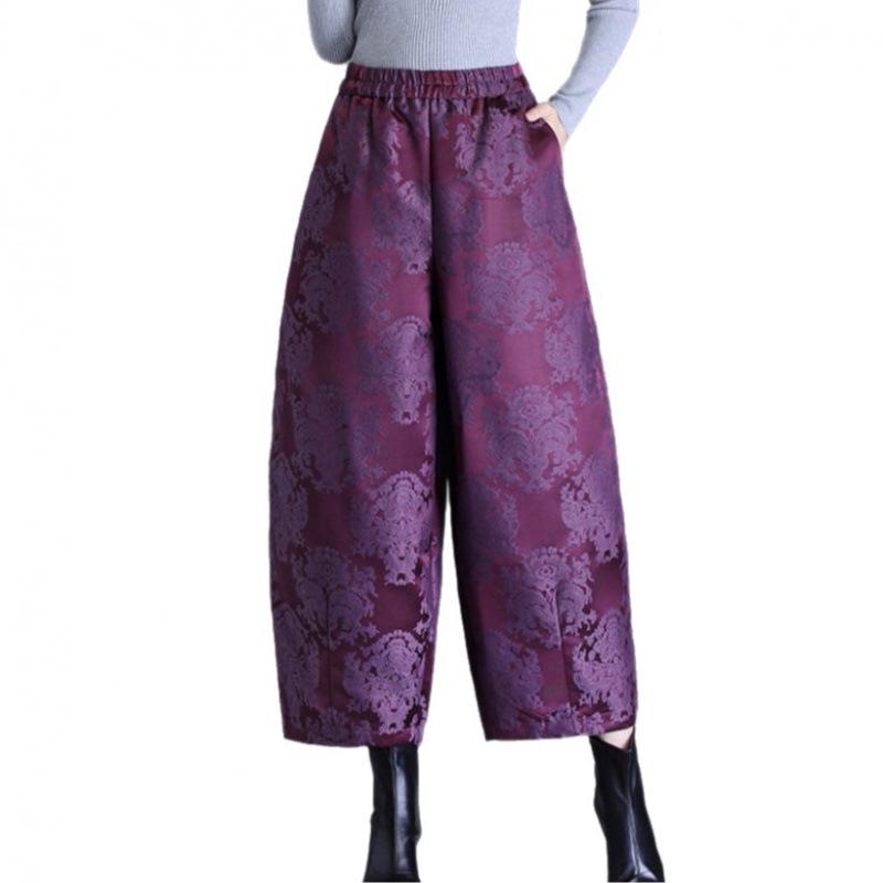Chinese Style Jacquard Anti-Aging Down Cotton Pants for Middle-Aged Women - Autumn/Winter Cropped Casual Boots