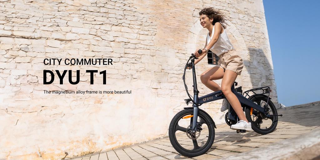DYU T1 36V 250W Foldable E-Bike - 55km Pedal Assist, Ultra-Light 22.5kg Magnesium Frame & Dual Disc Brakes